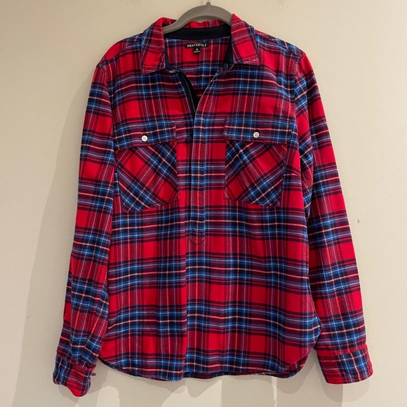 J.Crew Mercantile Women's Half Zip Pullover Shirt Red Blue Plaid  Flannel size M - Picture 1 of 11
